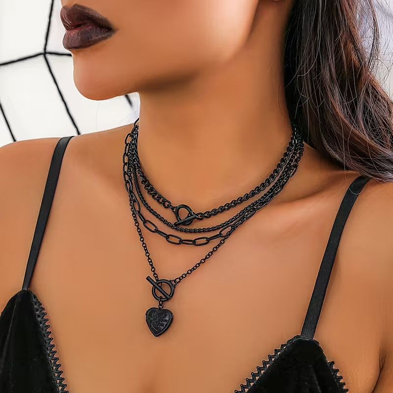 4pcs Set of Women’s Gothic Punk Trendy Fashion Black Metal Chain #3003