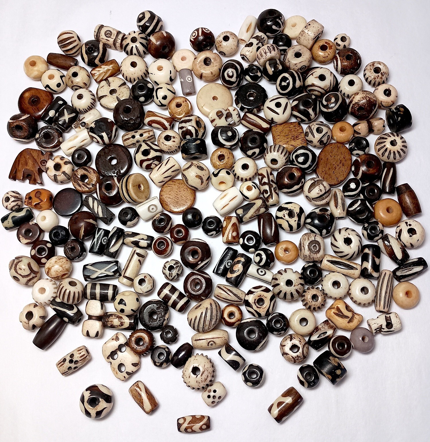 Buffalo Bone Beads, 199 Plus Pcs, Black, Brown, White, 4mm – 12mm, Reduced Ship