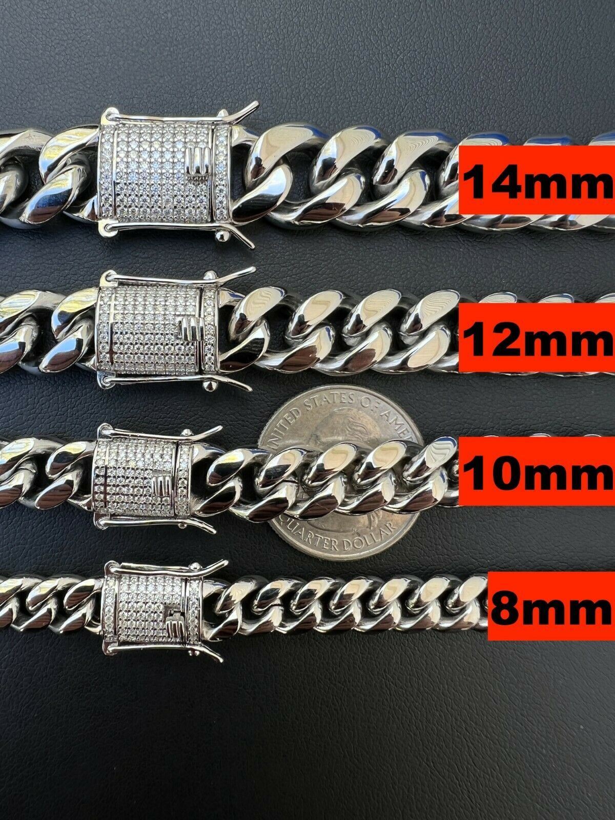 Miami Cuban Link Stainless Steel Chain W. 1ct CZ Iced 925 Silver Clasp 8mm-14mm