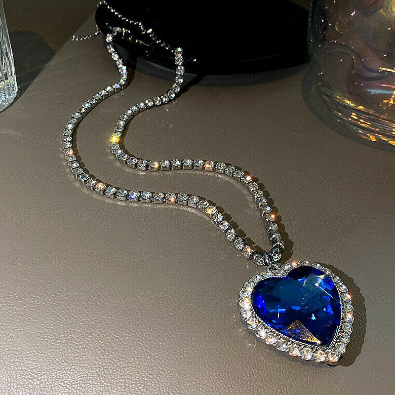Huge Platinum White Gold Titanic Heart of the Ocean Blue Rhinestone Necklace