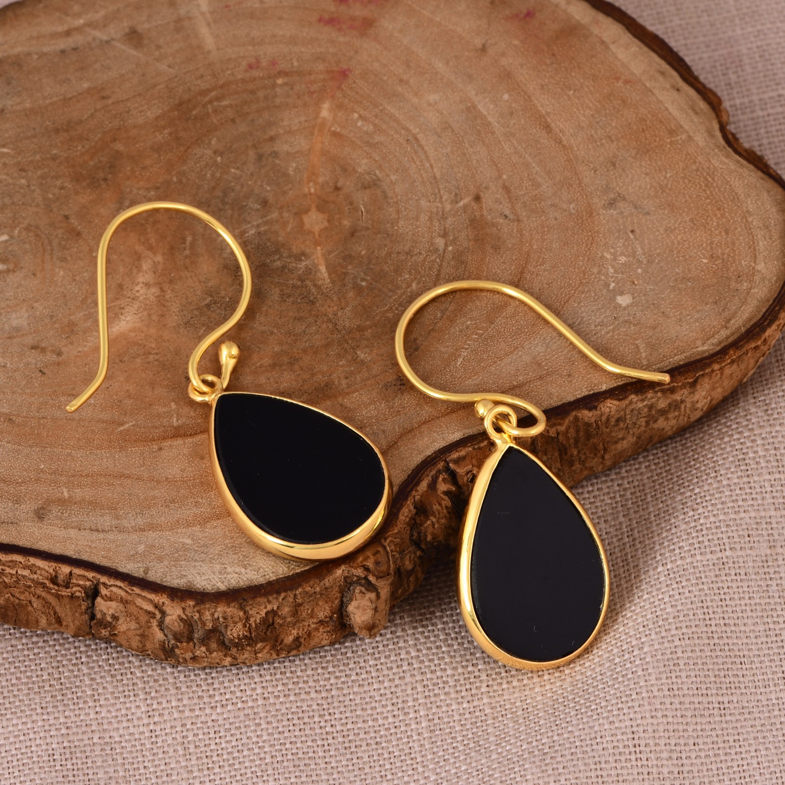 Black Onyx Teardrop Earrings Sterling Silver Gold Plated Gemstone Drop Jewelry
