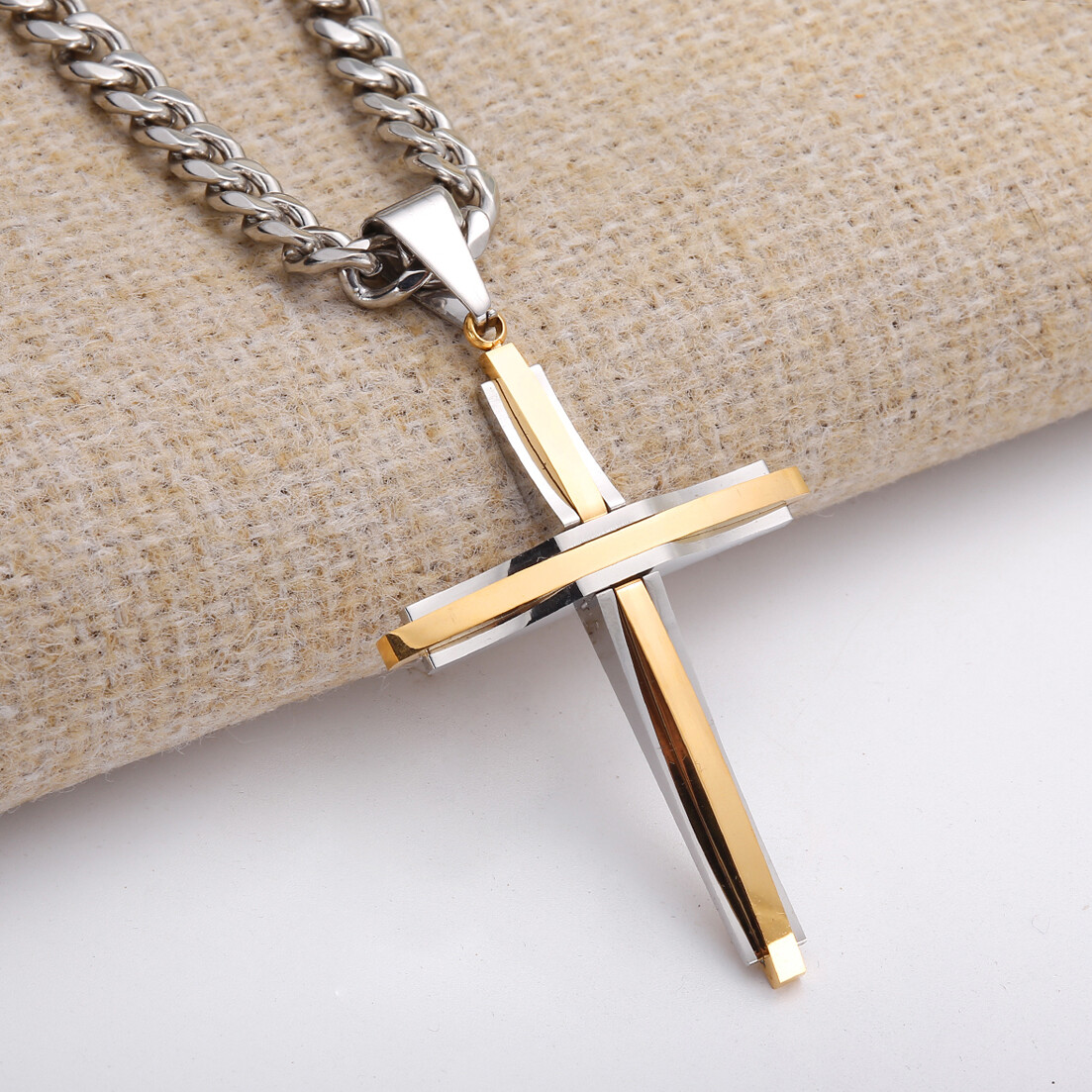 High Polished Stainless Steel Cross Pendant Necklace Cuban Link Chain 4Colors