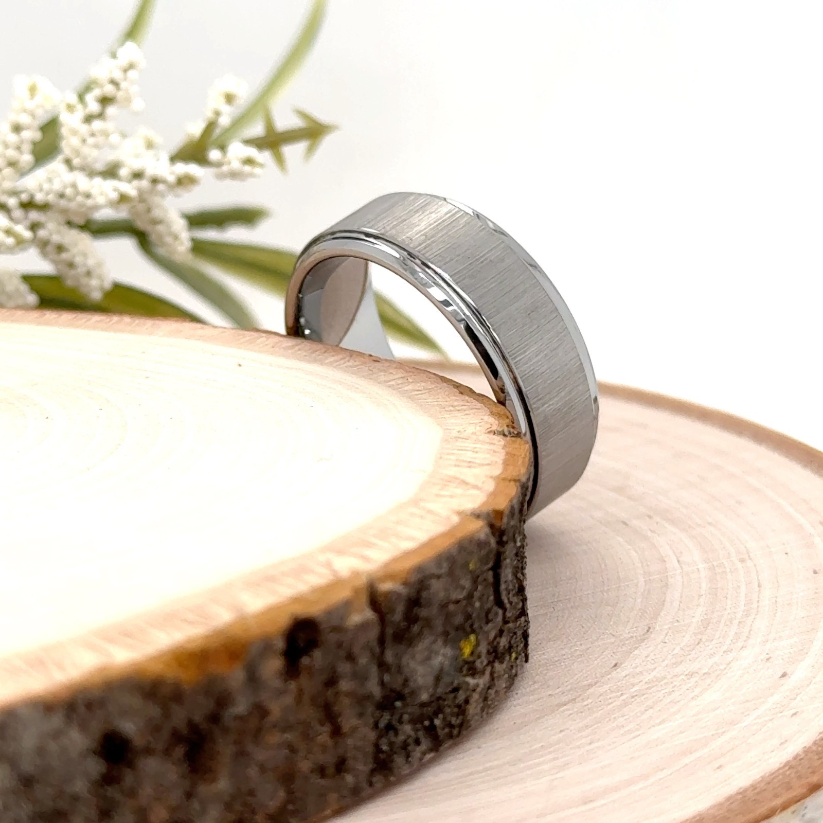 8mm Satin Brushed Tungsten Carbide Ring Polished Edges Unisex Free Engraved Band