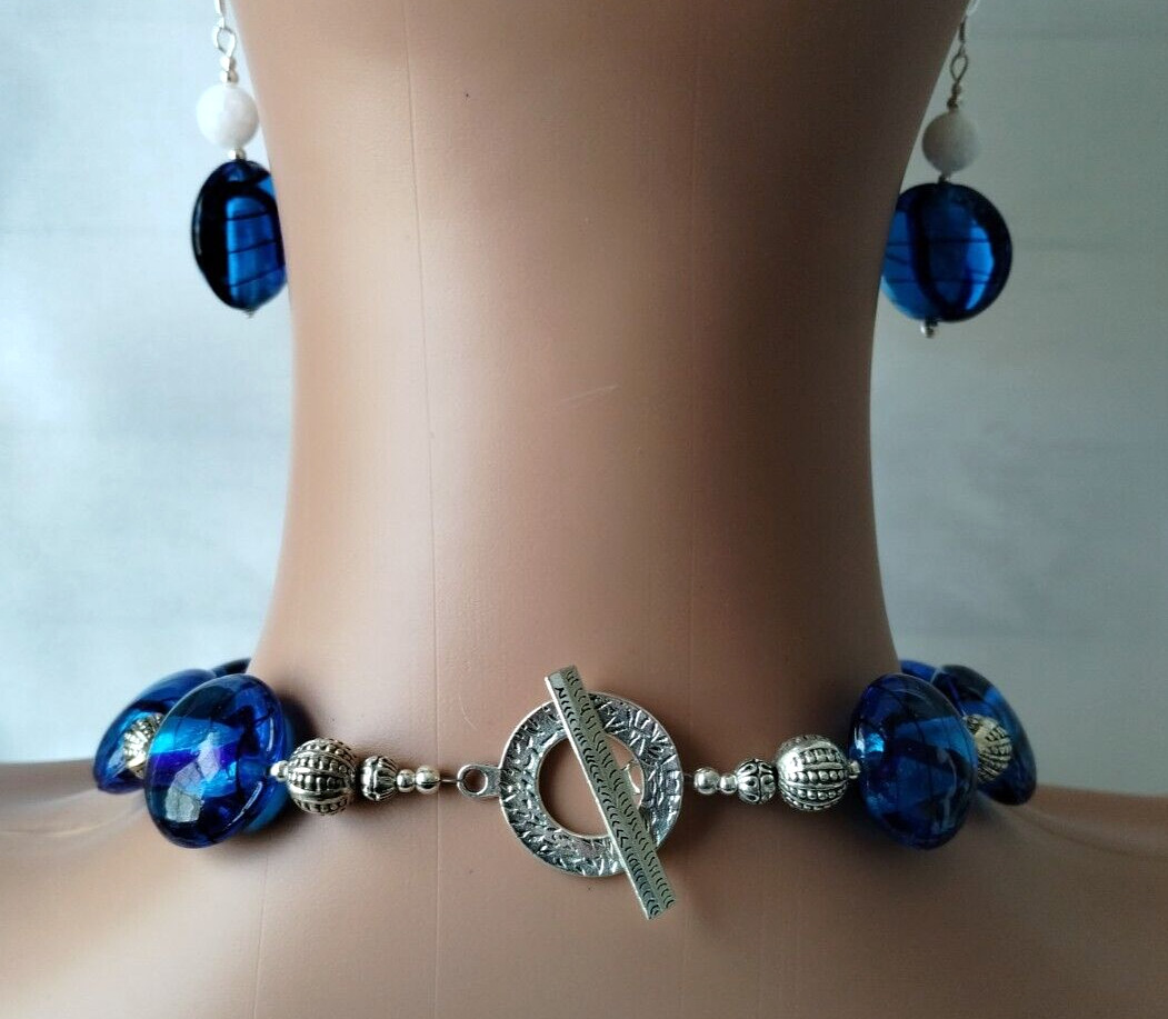 Silver Starfish Cobalt Blue Glass White Jade Designer Artisan Statement Set