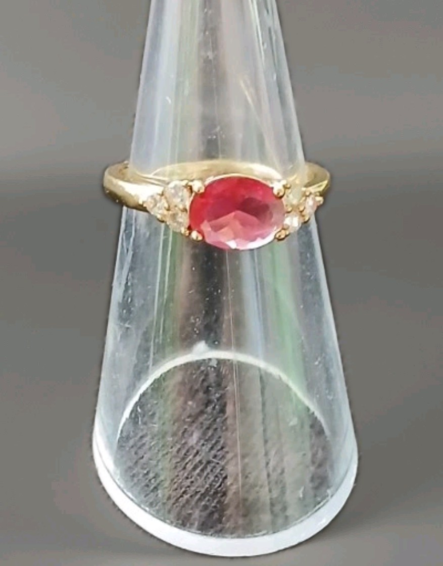 Gold Tone Ring w/ Oval Pink Stone And White Color Zarconia Stones
