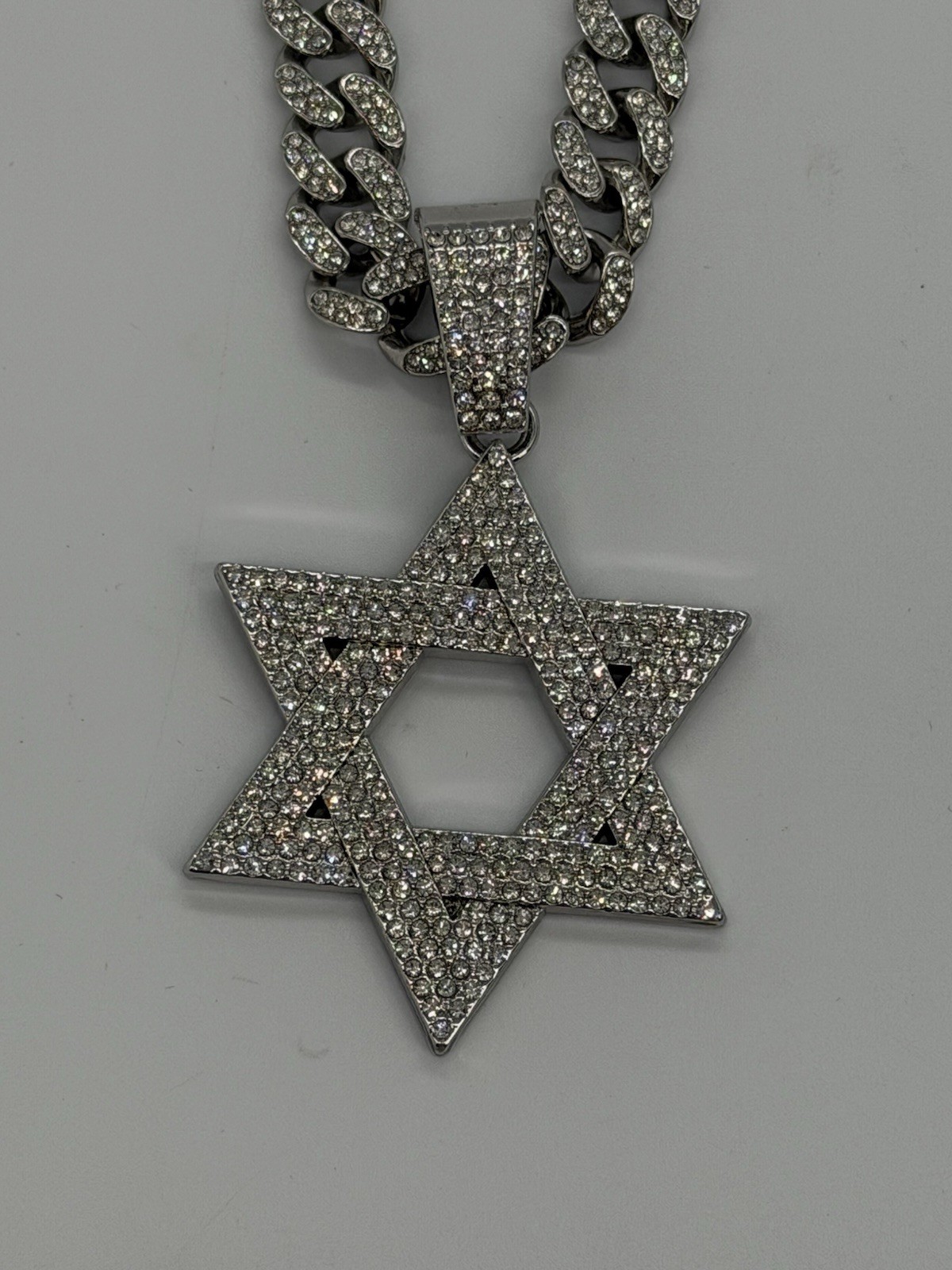 Silver Plated Alloy Star of David Charm Iced Cuban Cubic Zirconia Chain Necklace