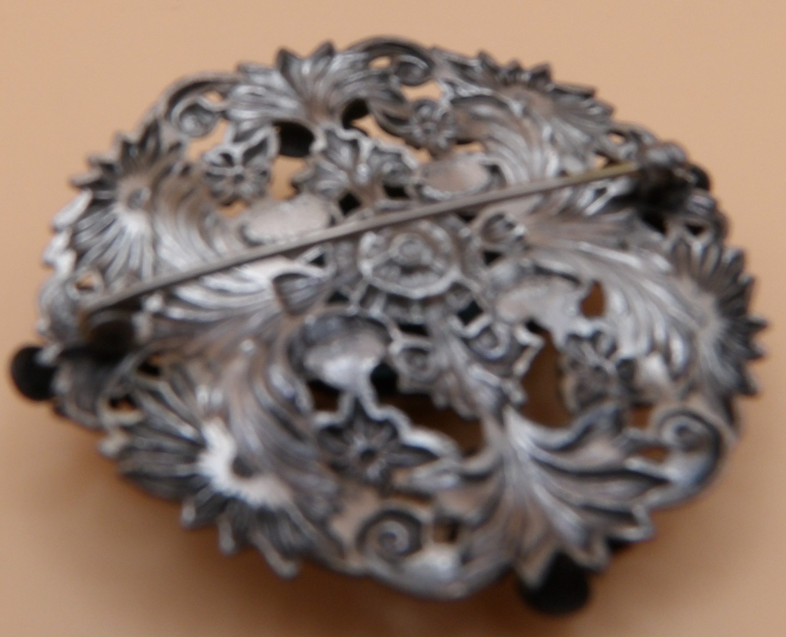 Czech Silver Faux Turquoise Blue Glass Round Brooch-Czech Republic
