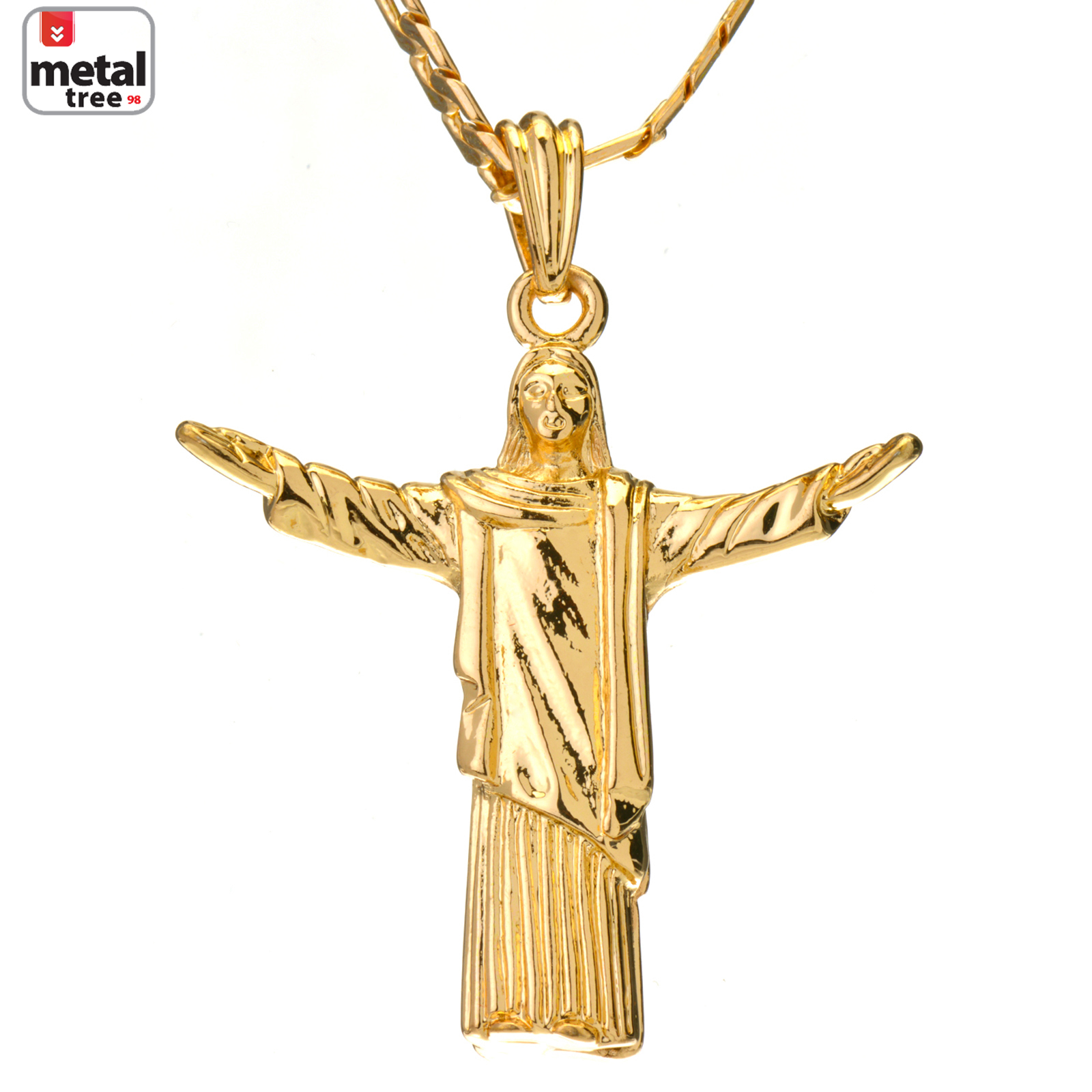 Men’s Gold Plated Hip Hop Open Arm Jesus 24 inch Figaro Chain Pendant Necklace