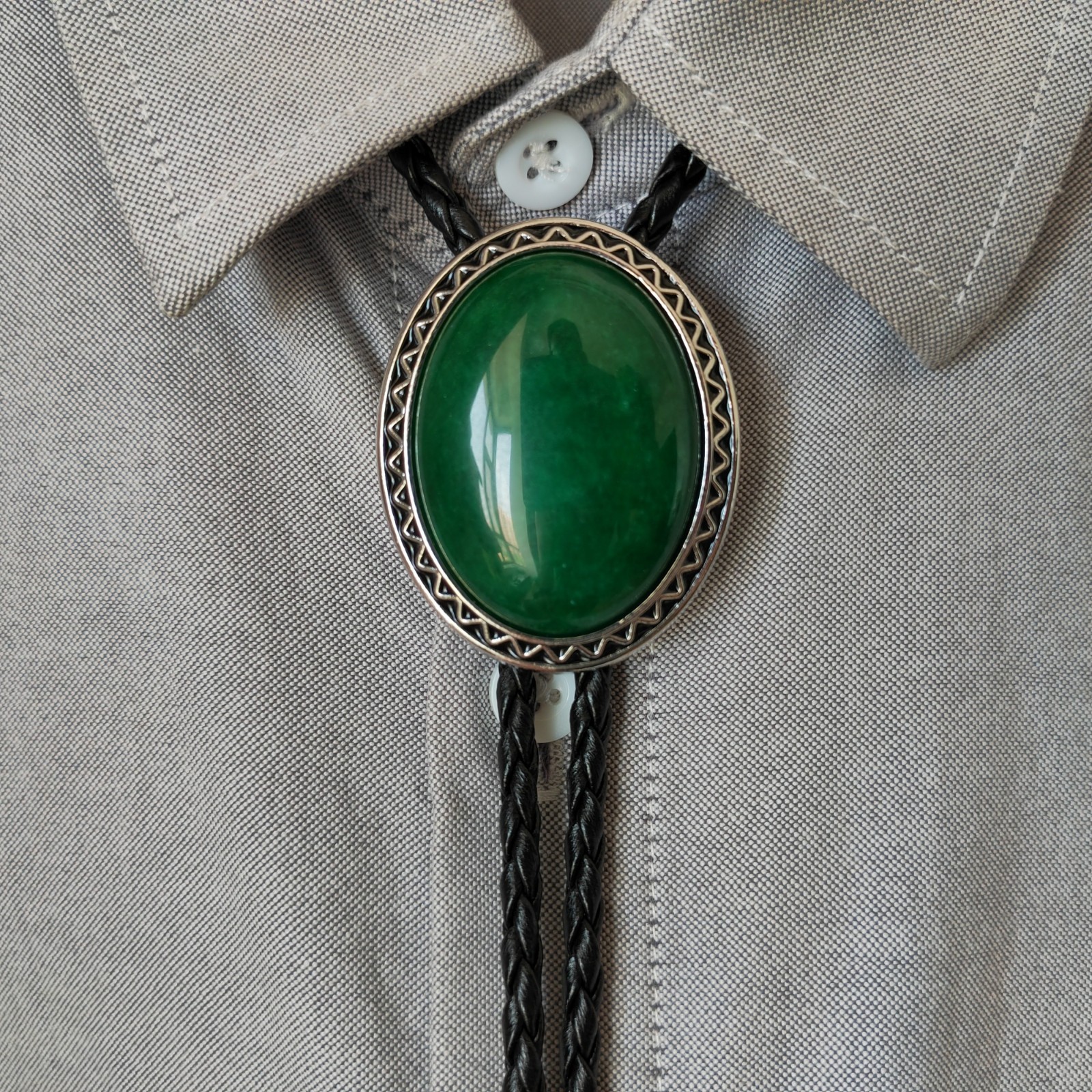Dark Green Jade Mens Bolo Tie Wedding Necklace PU Leather Rope Western Cowboy
