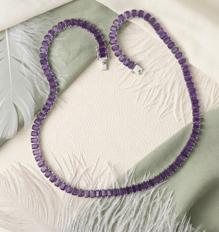 Purple Emerald Cut Tennis Necklace, Amethyst Choker, In 925 Sterling Silver