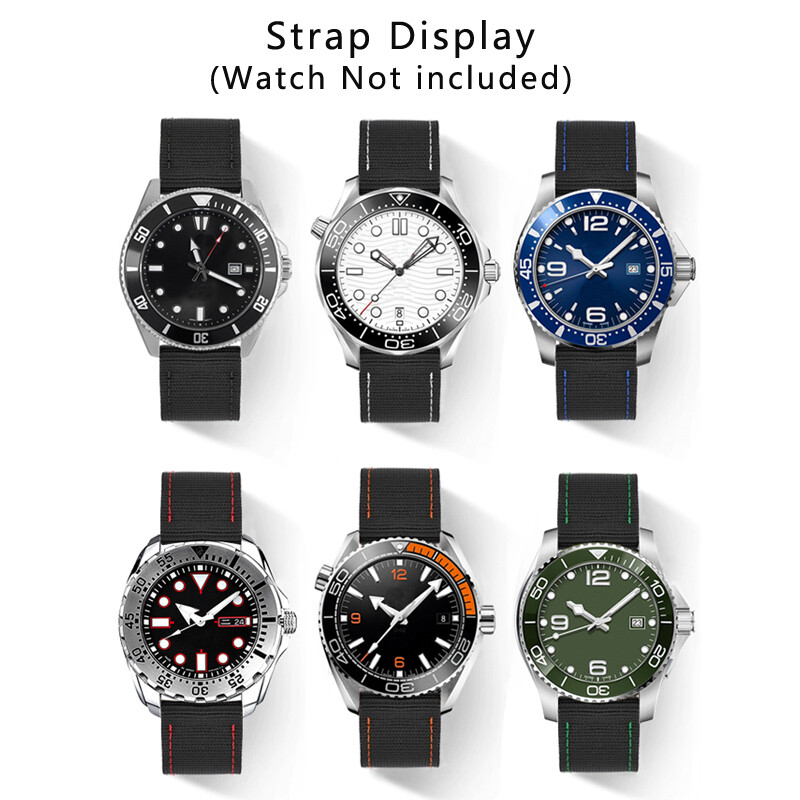 Stitching Black Nylon Strap Canvas Fabric Watch Band 20 22 18 24mm Generic Belt