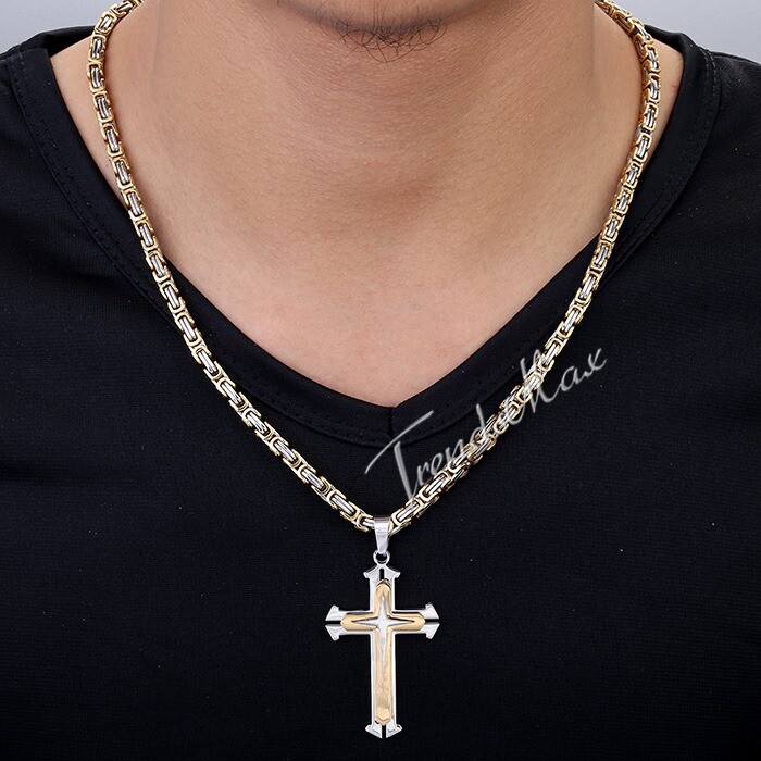 Silver/Gold Plated Mens Chain Cross Byzantine Stainless Steel PENDANT NECKLACE