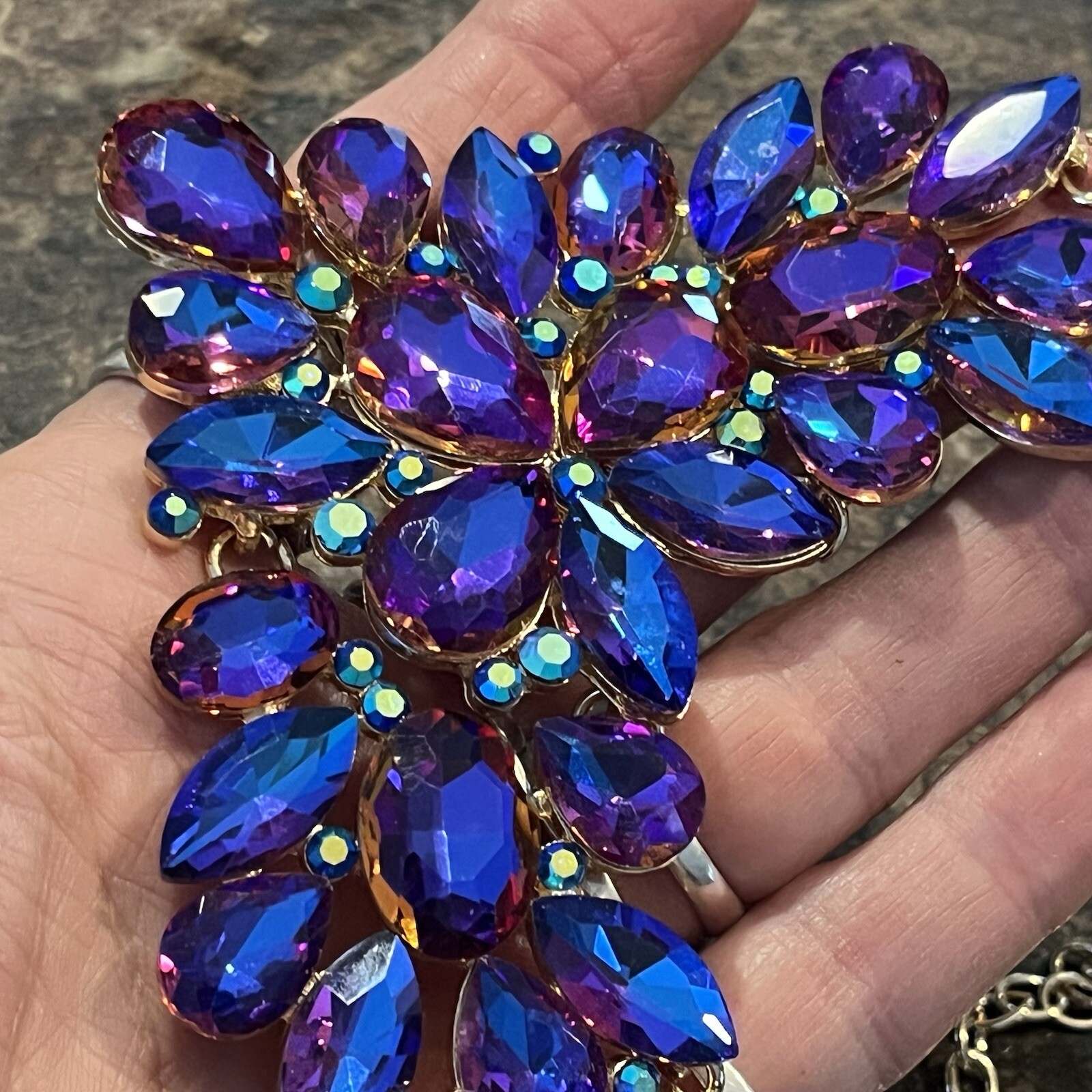 Necklace Iridescent Purple Blue Glass Rhinestone A/B 16” Foil Back STATEMENT