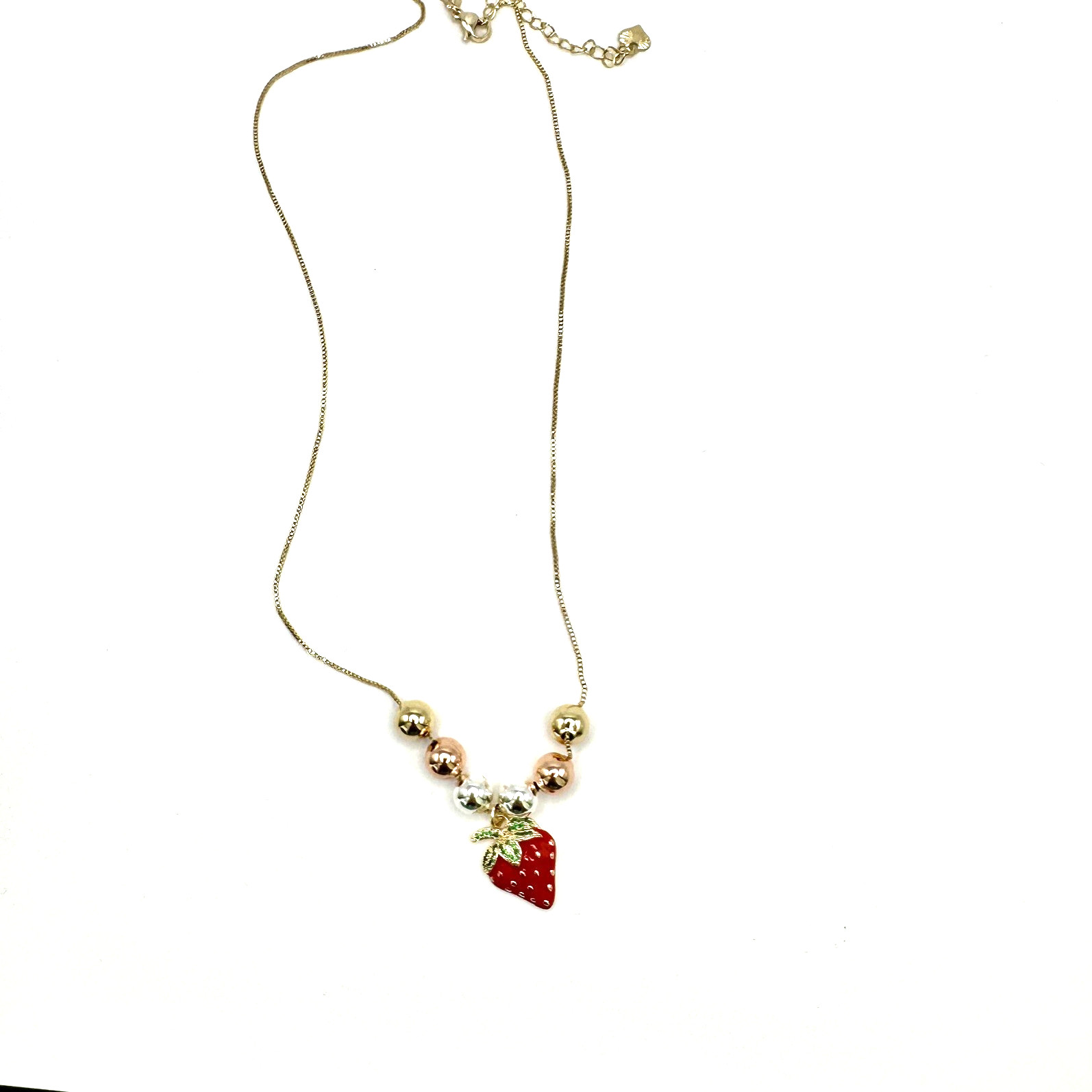 14K Gold filled Strawberry Necklace With Gold, Silver, and Rose Gold Toned Beads