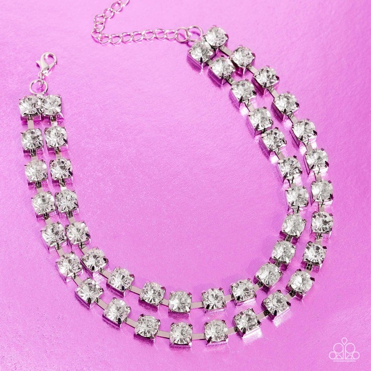Paparazzi Silver Plated Clear Rhinestone Double Row Choker Necklace Adjustable