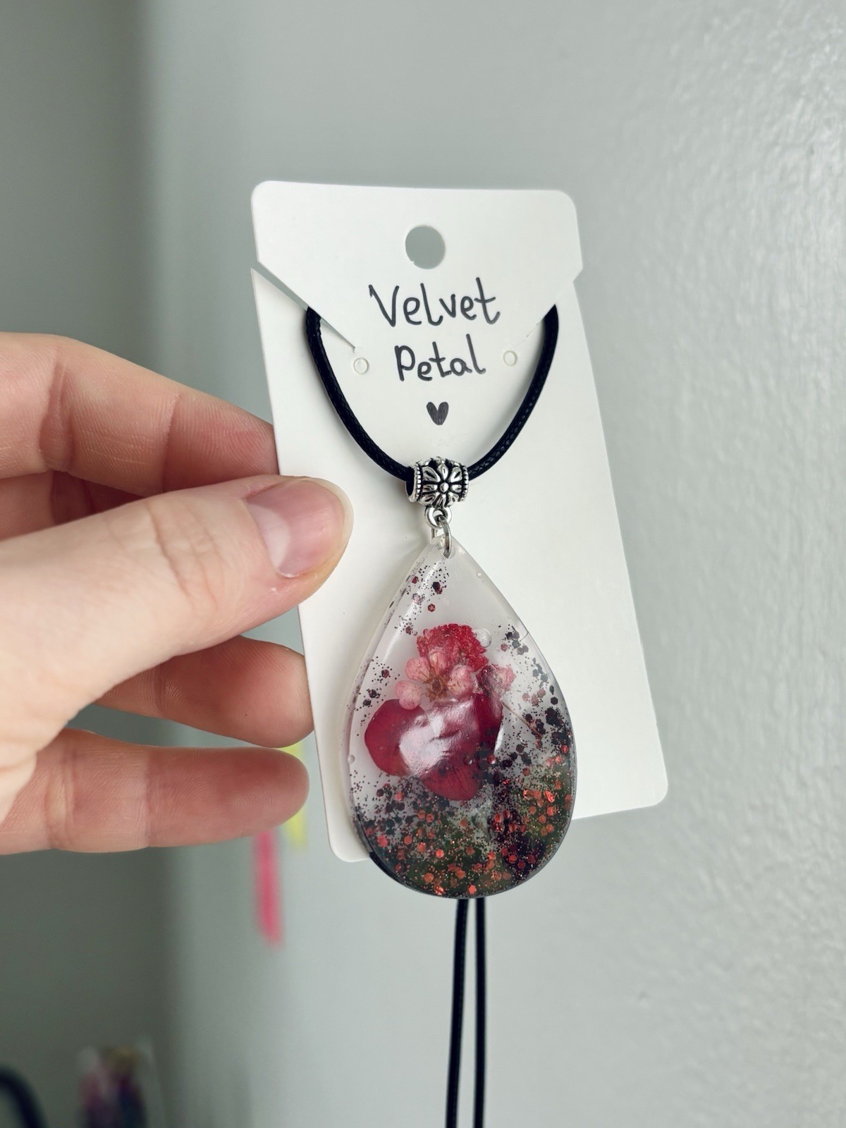 Velvet Petal Resin Necklace Handmade Real Flower Red Glitter Teardrop Pendant