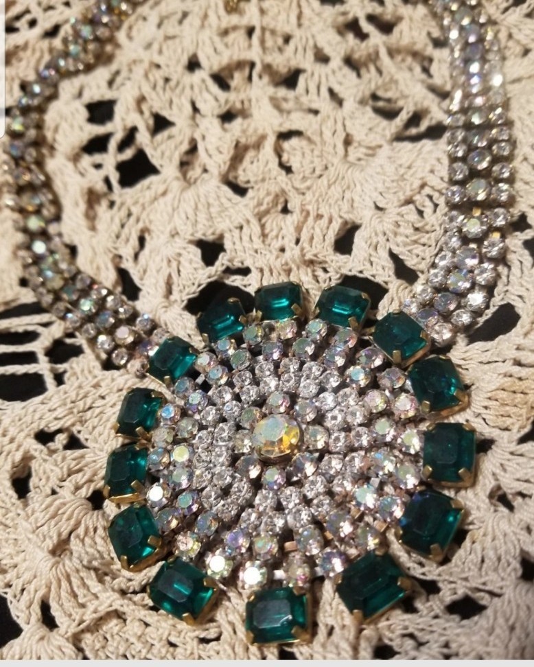 Bijoux M.G. Czech Republic 1940-1950 Antique Necklace,16″, 3″Crystal Medallion