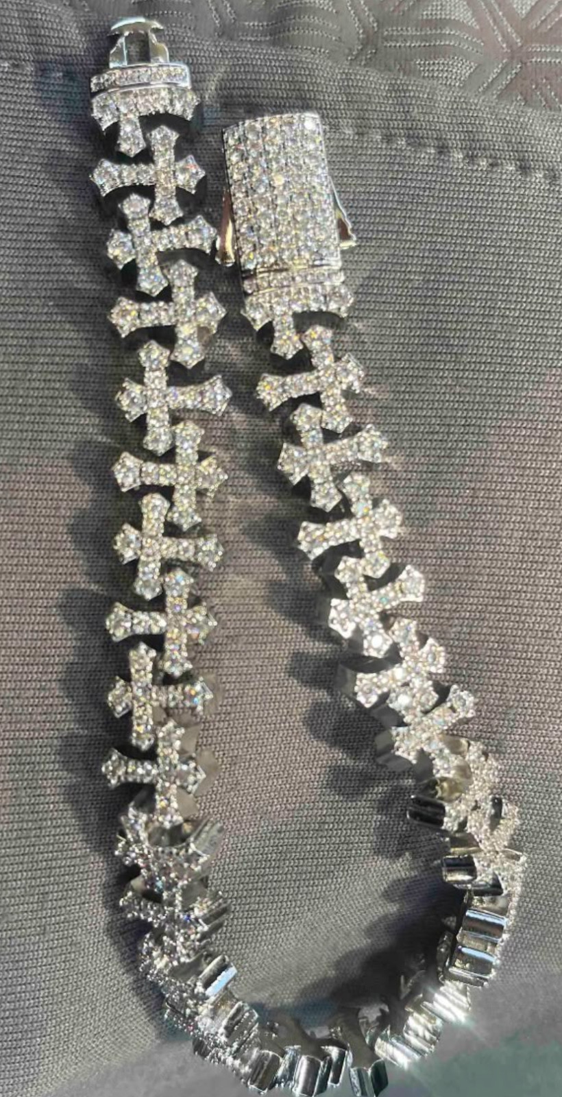 925 Sterling Silver Cross Link Bracelet VVS Moissanite Iced Out 8 in