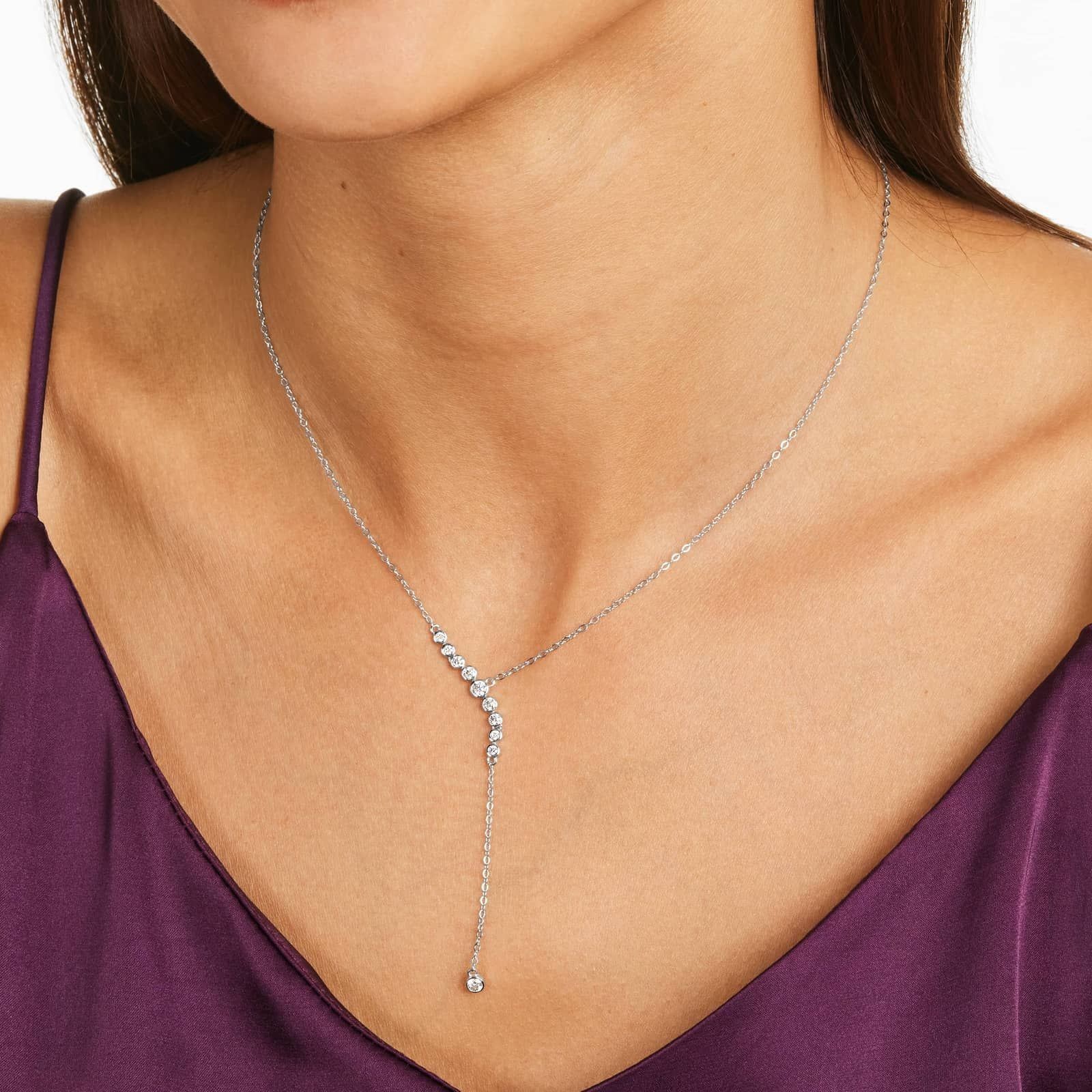 Graduated Simulated Diamond Lariat Necklace In 14K White Gold