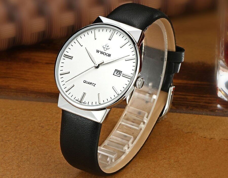 WWOOR Simple Ultra-Thin Steel Mesh Leather Date Men’s Wristwatch