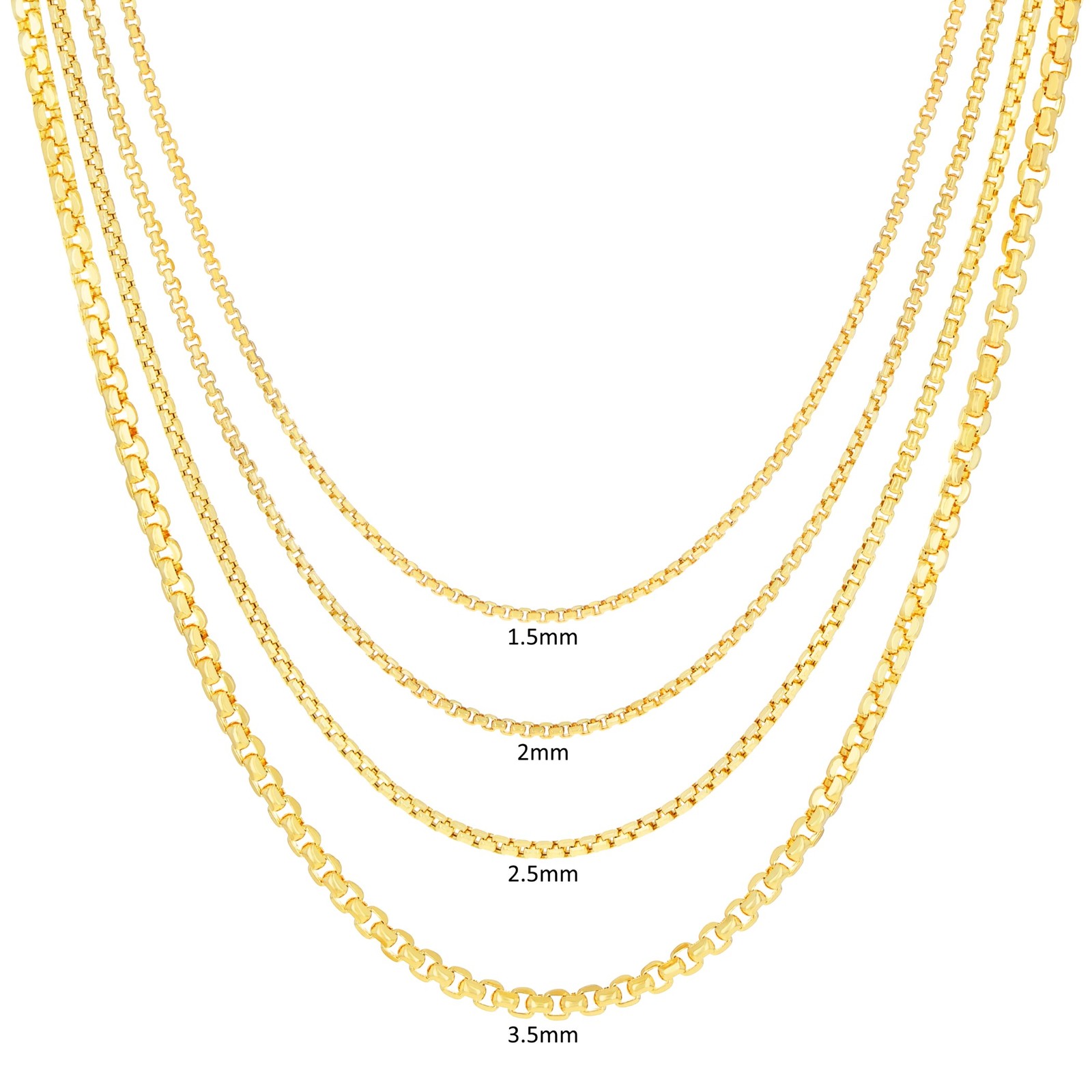 10K Yellow Gold 1.5mm-3.5mm Venetian Round Box Chain Necklace Men Women 16″- 30″