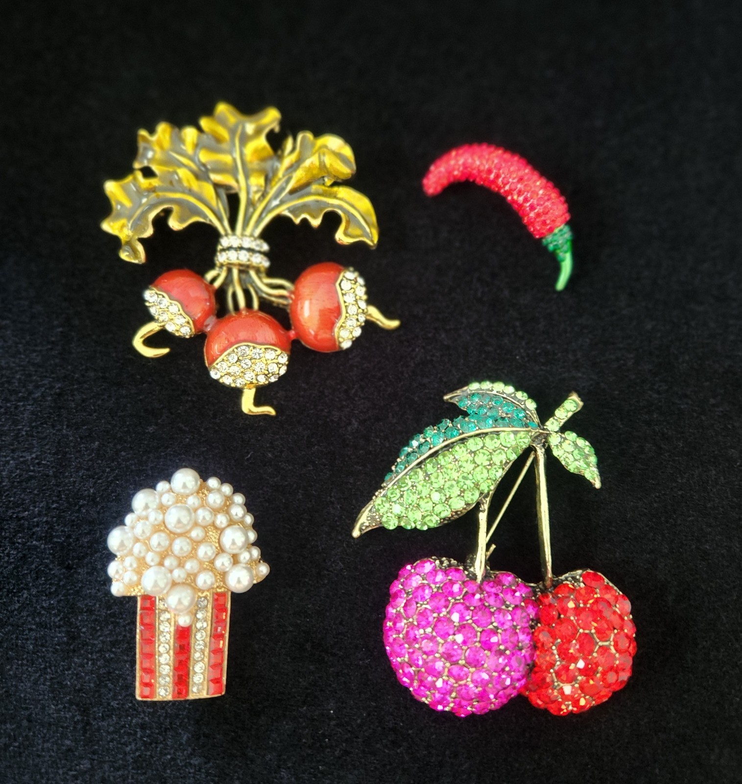 Collection Of Four “Foodie” Brooches Radishes Popcorn Chili Pepper Cherries
