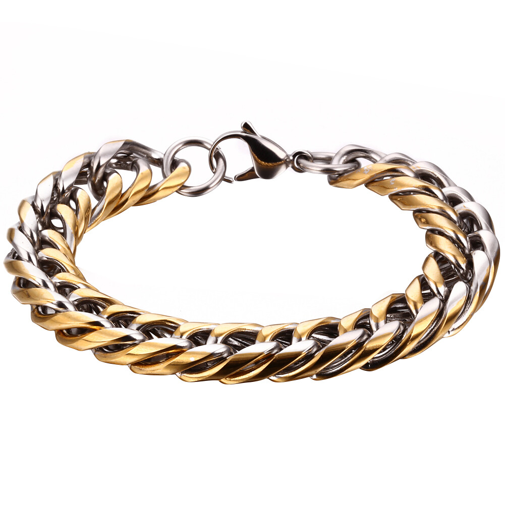 Mens Gold Tone Stainless Steel Heavy Cuban Curb Link Chain Bracelet Bangle 8.26′
