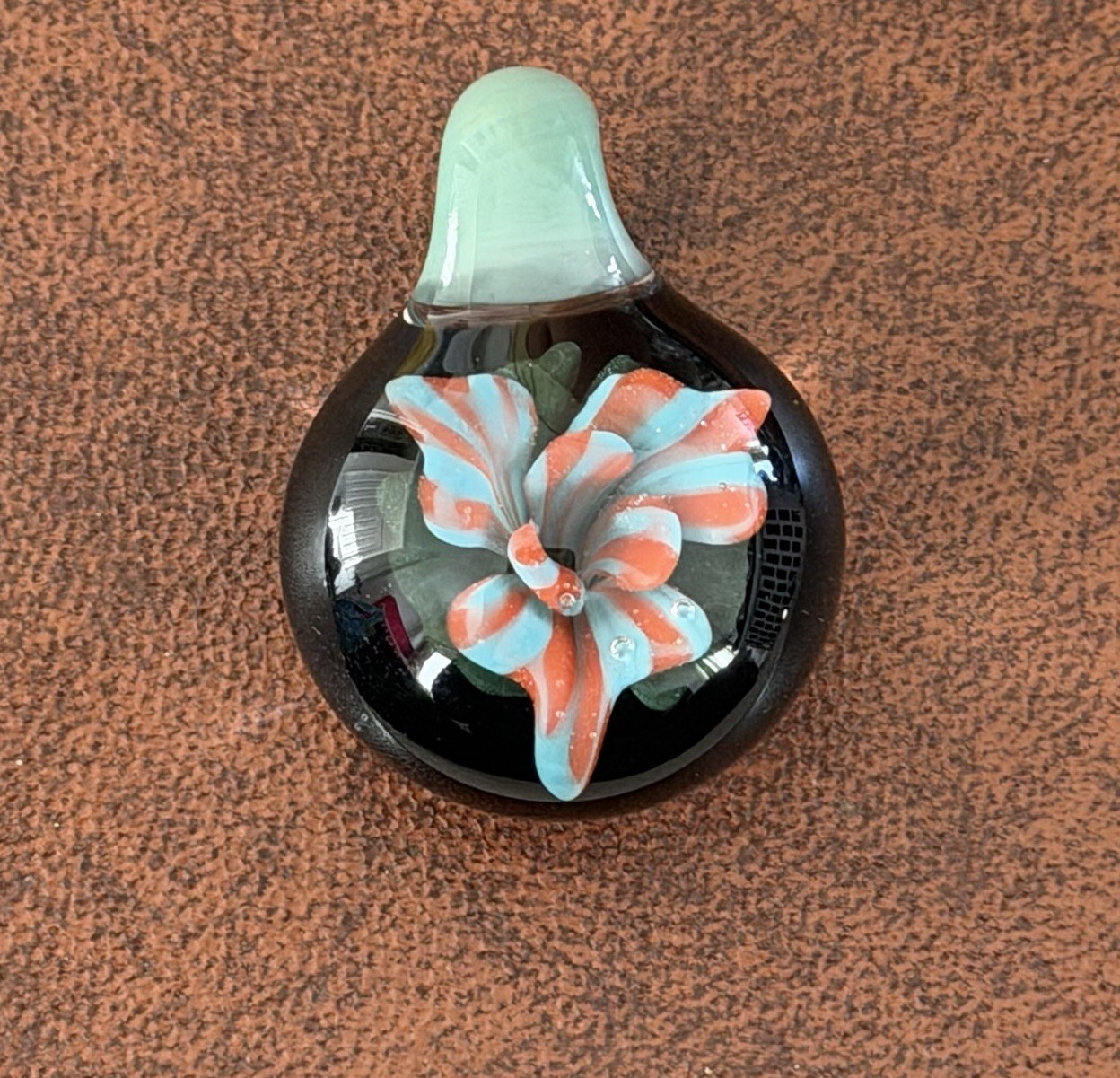 Handblown Glass Pendant Floral Flower Teal Green Orange Blue Unique