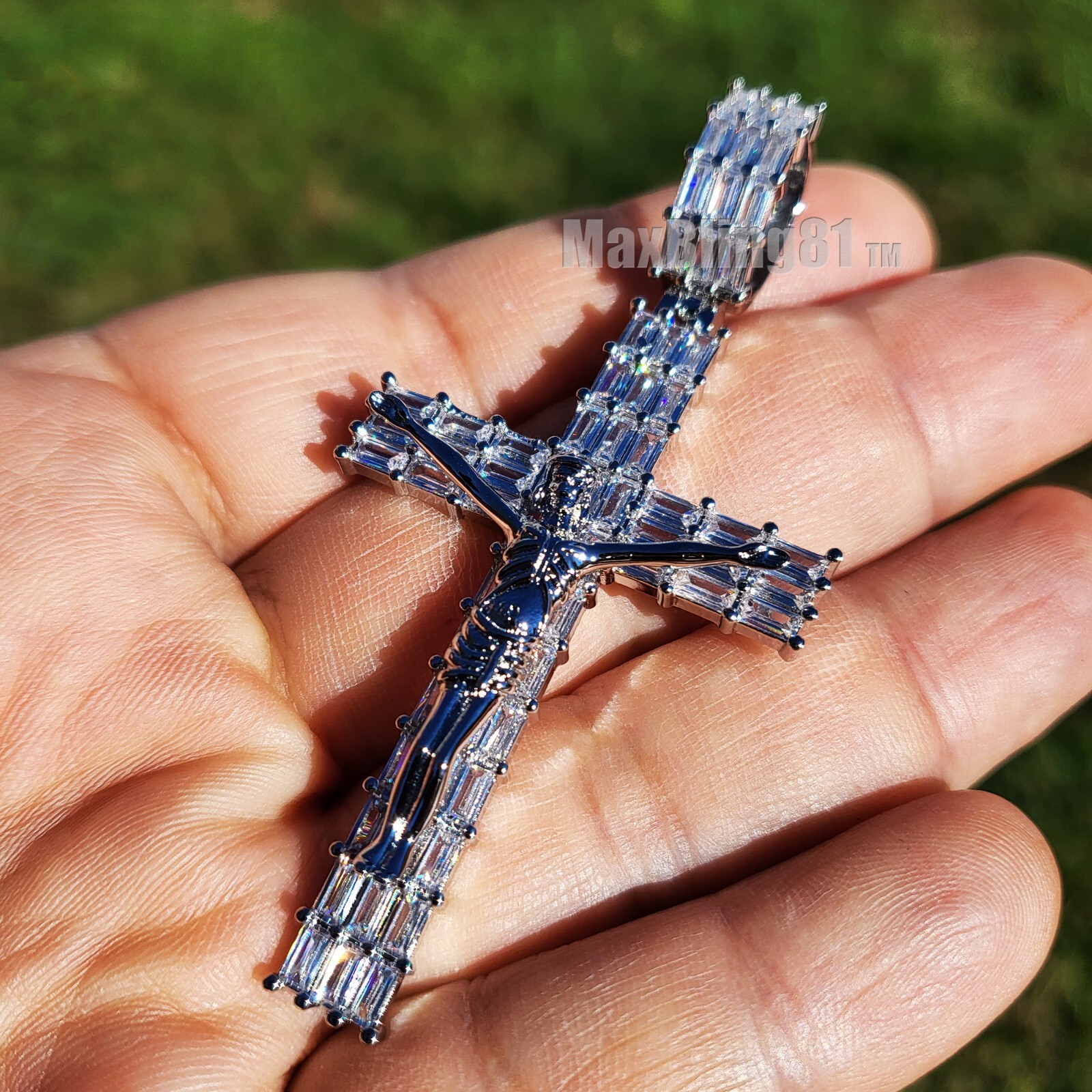 High-End Brass Crucifix Holy Jesus Cross Baguette Cubic Zirconia Charm Pendant