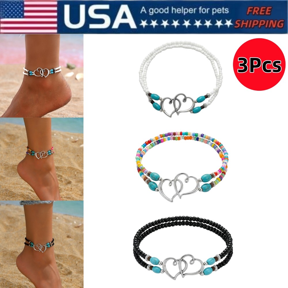 3Pcs Layered Bohemian Foot Bracelets Turquoise Heart Beaded Anklet Set