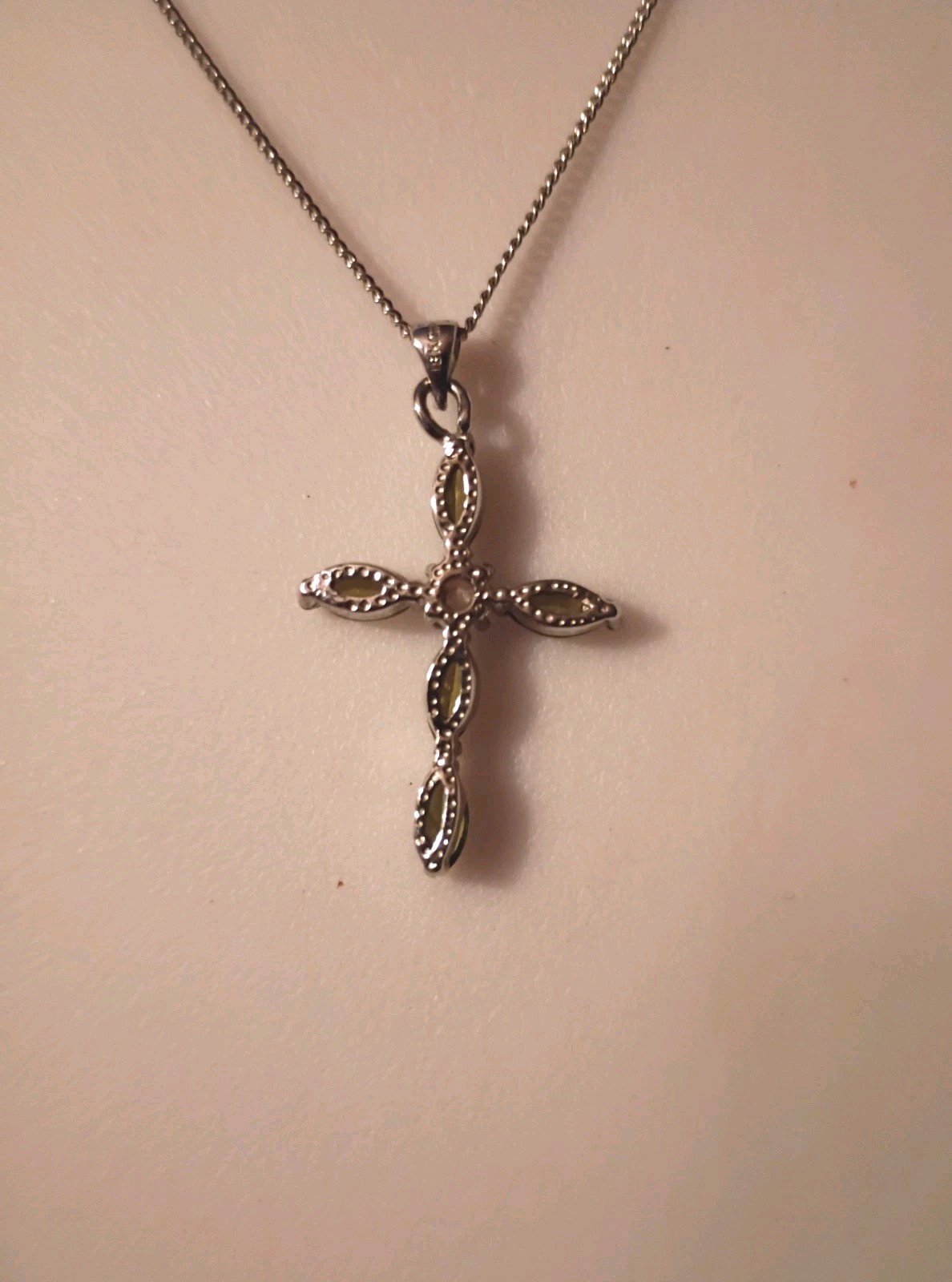 18kGP Green Peridot and Crystal Cross pendant Necklace