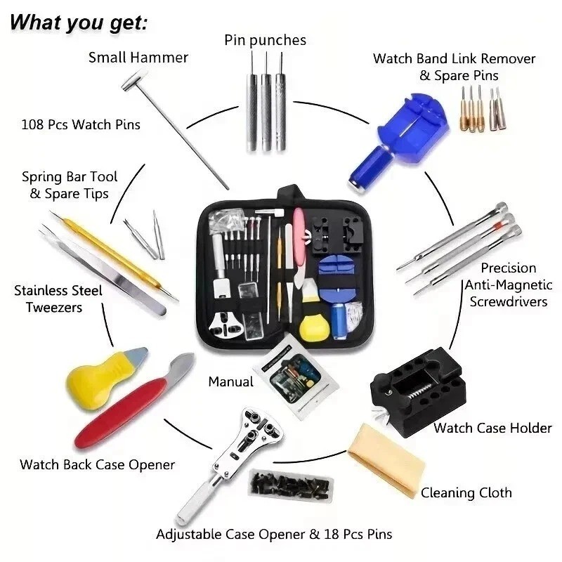 147PCS Watch Repair Tool Kit Back Case Opener Remover Spring Pin Bars Watchmaker