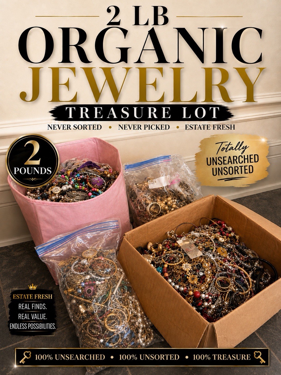 2 LB Organic Jewelry Lot Unsearched Unsorted Estate Fresh Treasure Bulk Mix