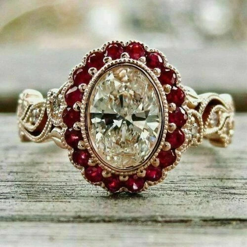 3Ct Oval Cut Lab Created Diamond & Red Ruby Engagement Ring 14K Rose Gold Plated