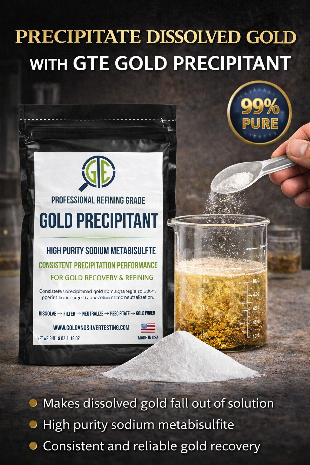 GTE Gold Precipitant 8 oz Refining Test Acid Aqua Regia Metals SMB Pyrosulfite