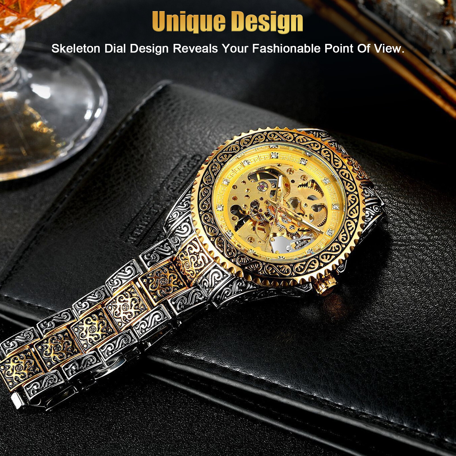 Luxury Men’s Stainless Steel Automatic Mechanical Wrist Watch Gold Tone Skeleton