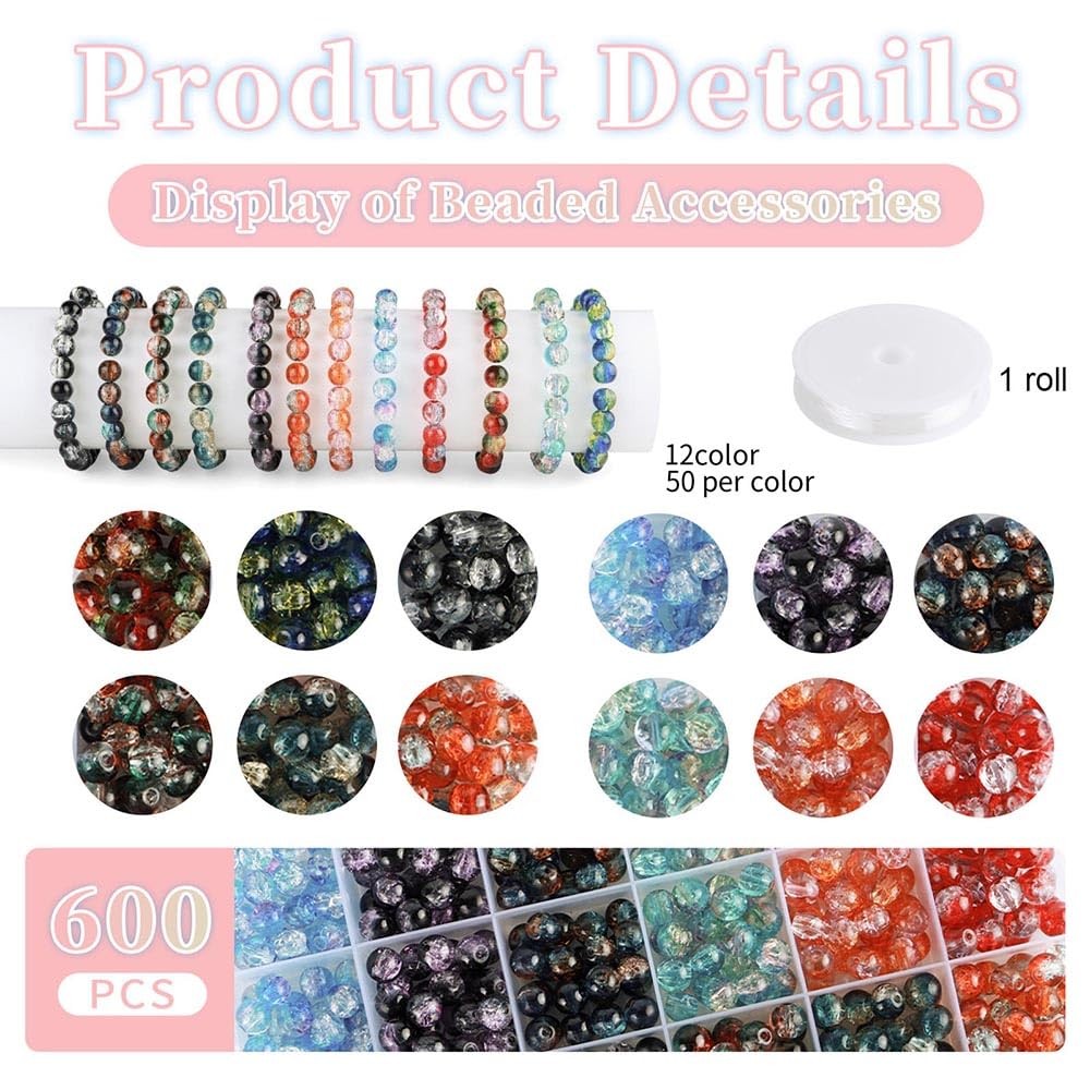C MY 600pcs 8mm Crackle Glass Beads for Bracelet Jewelry 8mm, Multicolor