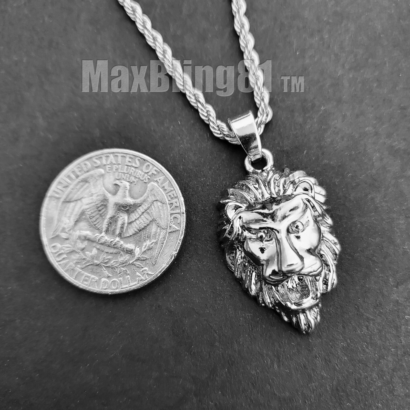 Silver Plated Alloy Cubic Zirconia LION Charm 24″ Rope Chain Hip Hop 2 Necklace