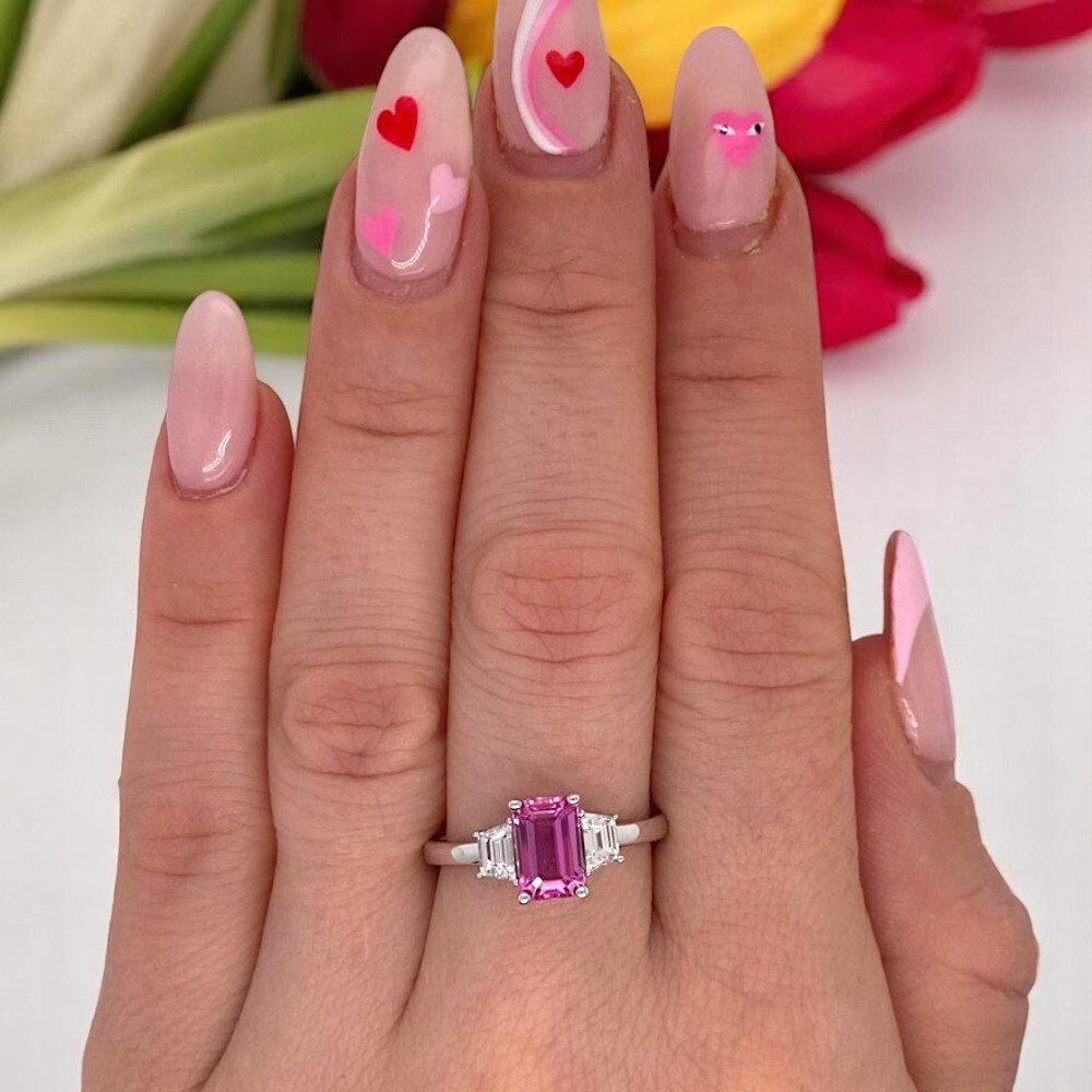 14K White Gold Wedding Ring Lab Created Pink Sapphire Diamond 2.80 Carat Emerald