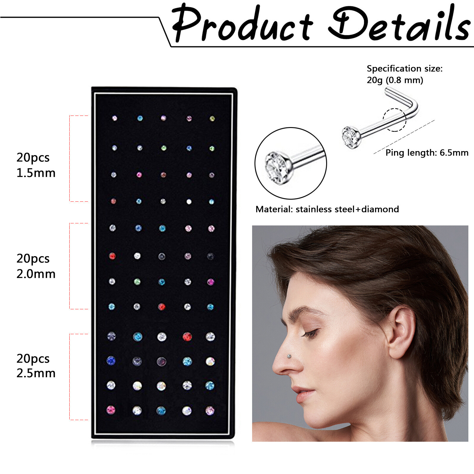 60Pcs 20G L-Shaped CZ Nose Rings Bone Stud Stainless Steel Body Piercing Jewelry