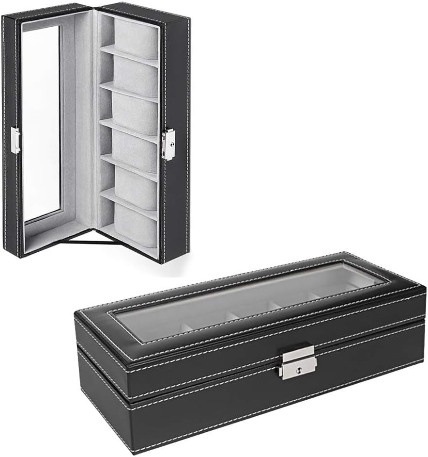 6 Slots Watch Box Organizer for Men, Black Watch Holder Stand Display Storage Ca