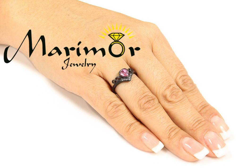 Women’s Round Cut Pink Crystal Black Stainless Steel Heart Fashion Ring Sz 5-10