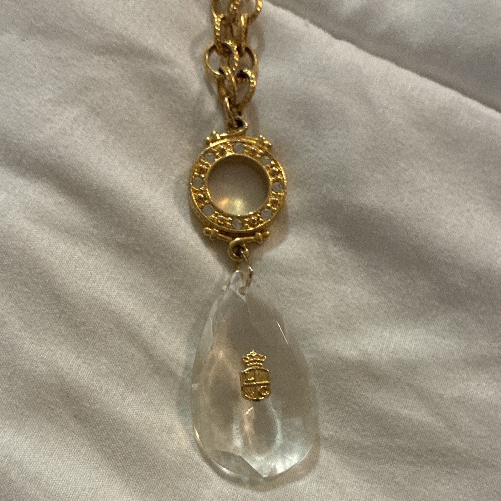 VTG Gold Tone Cable Chain Necklace Clear Teardrop Crystal Pendant LIZ CLAIBORNE