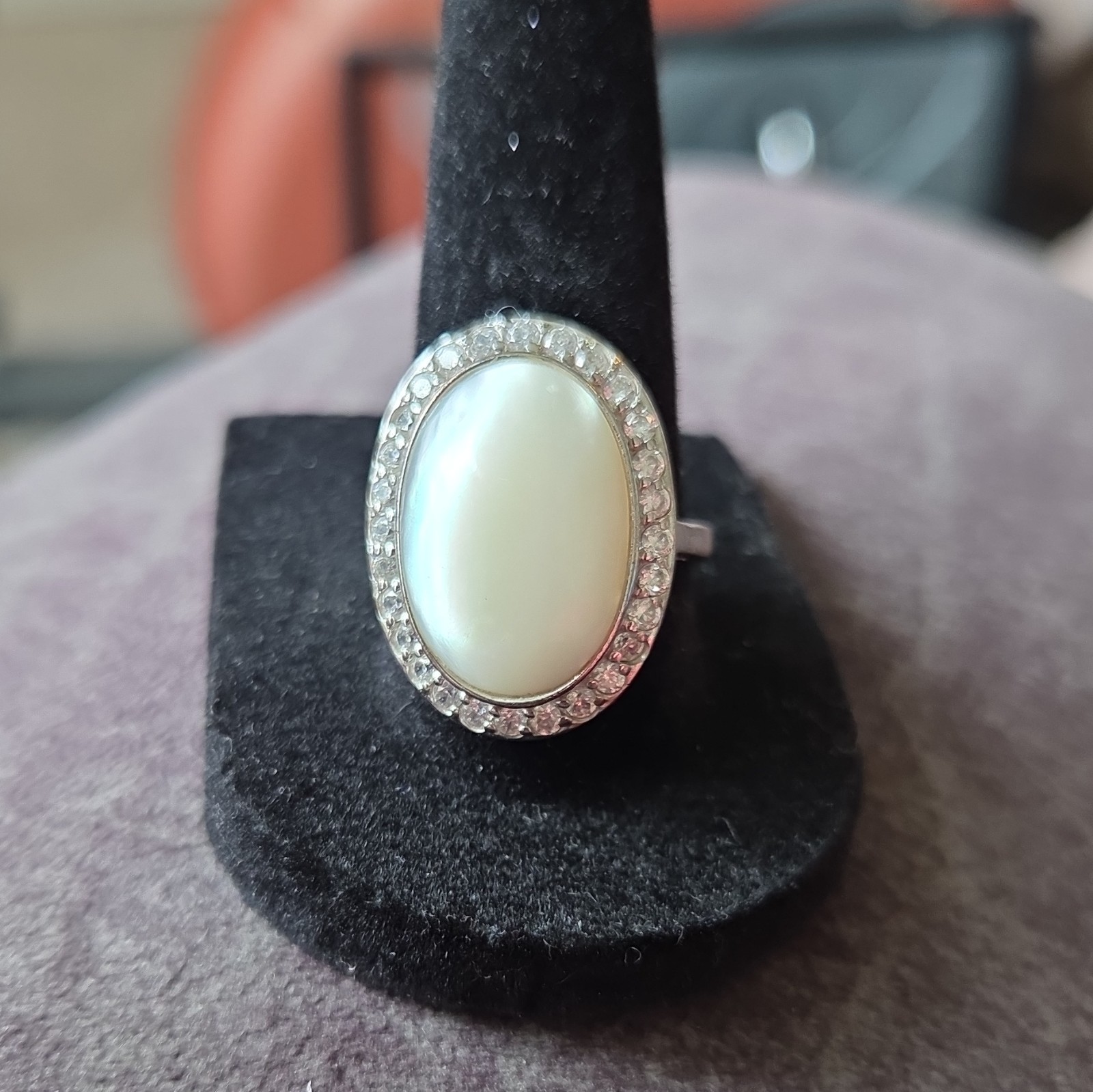 Sterling Silver Cabochon Lab Created Opal and CZ Oval Halo Ring Sz 8