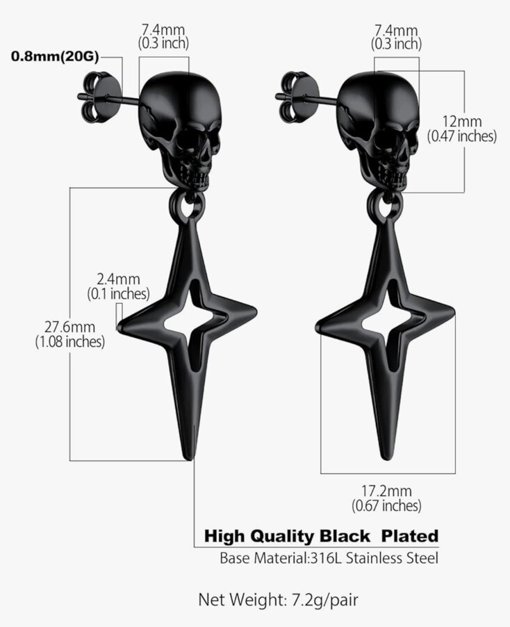 Bandmax Skull Four Point Star Gunmetal Earrings