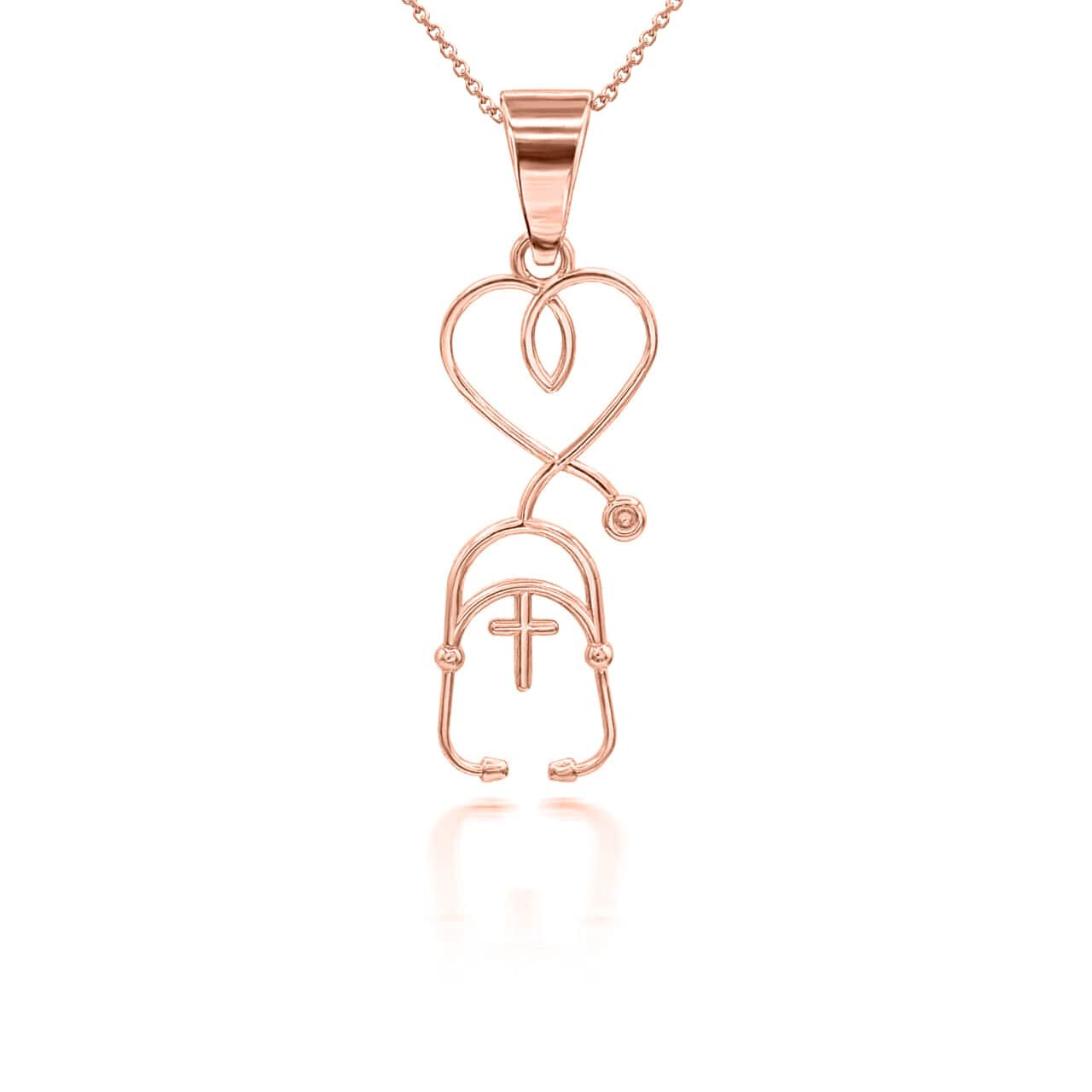 Gold Cross Stethoscope Pendant Necklace (Available in Yellow/Rose/White Gold)