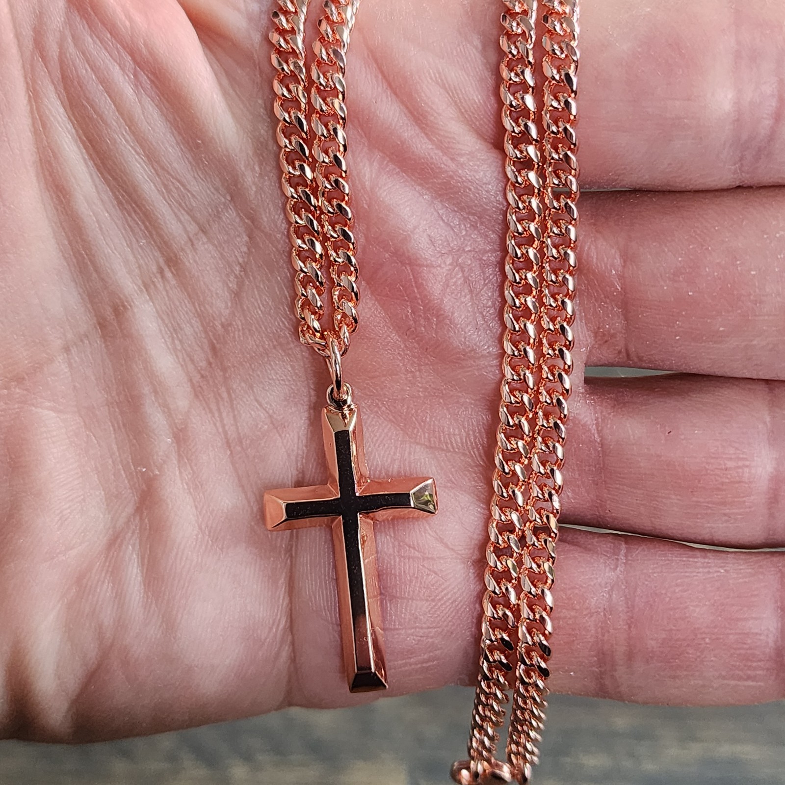 Solid Copper Cross Necklace 4mm Chain 20″ Handmade Heavy Christian Pendant