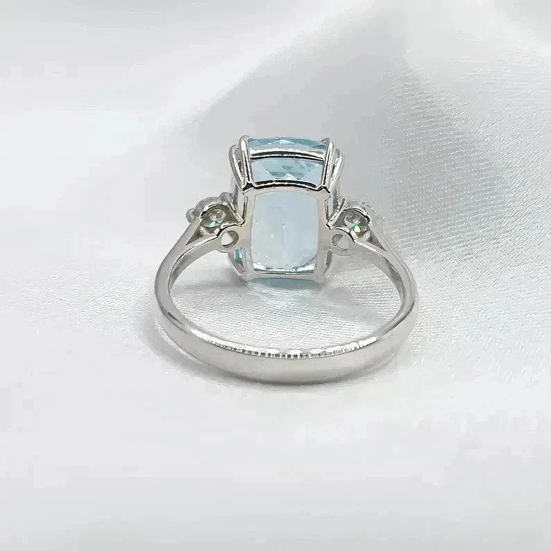 Cushion Cut 6.50 Ct Natural Aquamarine & Diamond Solid 14K White Gold Ring
