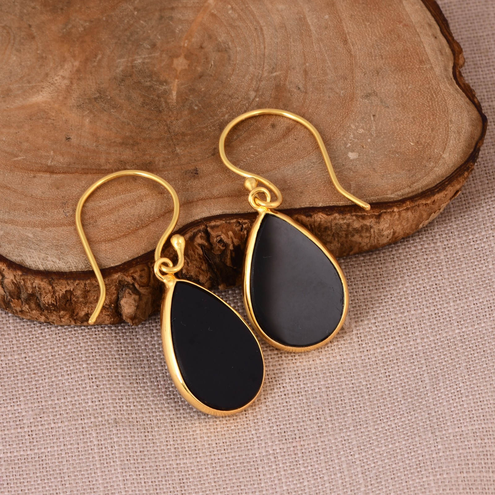 Black Onyx Teardrop Earrings Sterling Silver Gold Plated Gemstone Drop Jewelry