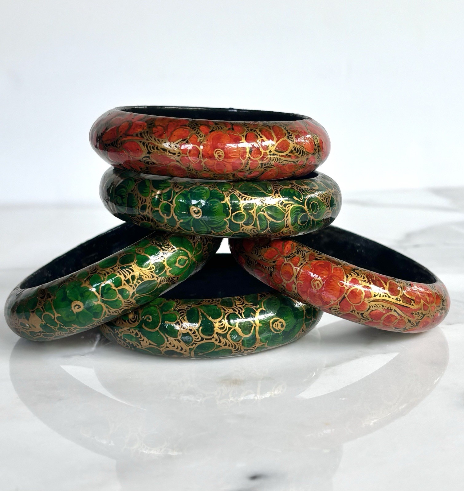 SET OF 5 NEPAL KASHMIR WOOD HAND PAINTED BANGLE BRACELETS 1980s VINTAGE MINT